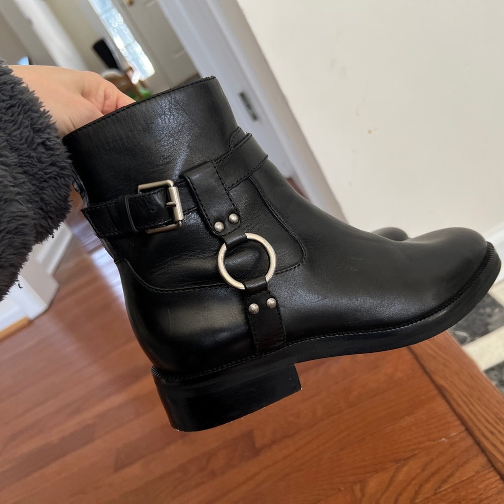 Bernardo Black Leather Ankle Booties with Buckle Detail